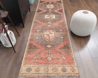 3x10 Vintage Runner, Turkish Oushak Rug Runner, Handmade Wool Rug, Hallway Rug, One-of-a-Kind, Boho Decor, Red Runner, Ethnic Floor Carpet