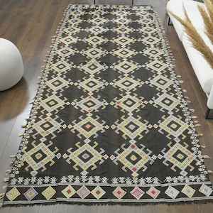 5x12 Black Turkish Runner, Handmade Black 5x12 Large Kilim Runner, 5x12 Wide Kitchen Runner, Hallway Runner, 4.7x11.8 ft Kitchen Runner Rug