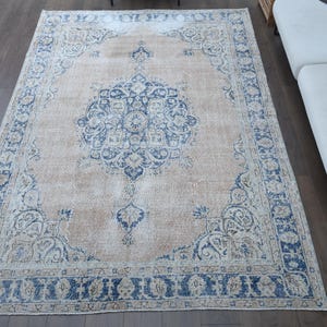 7x10 Vintage Area Oushak Rug, Turkish Carpet, Handmade Blue Wool Rug, Farmhouse Decor, Oriental Boho Decor, One-of-a-Kind Made in Anatolia