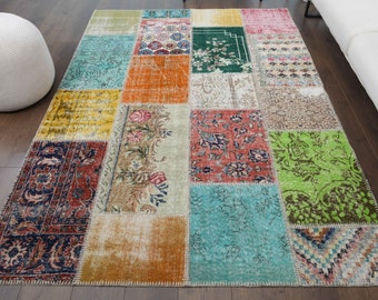 5x8 PATCHWORK Turkish Vintage Rug, Oushak Rug, Handmade Wool Rug, Colorful Custom Rugs, Farmhouse Decor, One-of-a-Kind, Anatolian Carpet