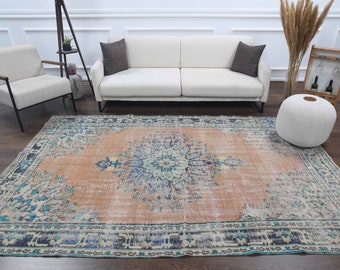 Tapis Oushak turc vintage 6 x 10, tapis orientaux en laine faits main, décor de ferme bohème unique en son genre, fabriqué en Anatolie, tapis délavé