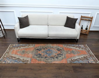 3x8 Turkish Orange Rug, Handmade Wool Rug, Vintage Runner Rug, Kitchen Hallway Runner, Boho Decor, Entryway Rug 3x8, Home Decor, Maximalist