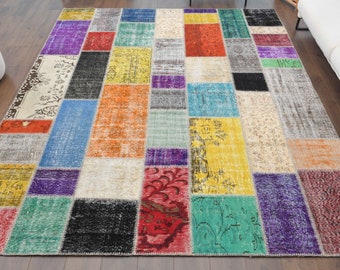8'2x9'8 ft, PATCHWORK RUG, Turkish Vintage Oushak Rug, Handmade Wool, Large Area Rug, Bohemian Rug, 8x10 Patchwork Rug, Living Room Rug