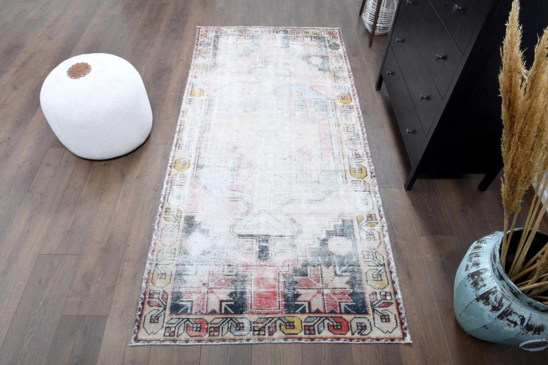 4x8 Turkish Vintage Runner, Oushak Handmade Wool Runner Rug, Geometric ...