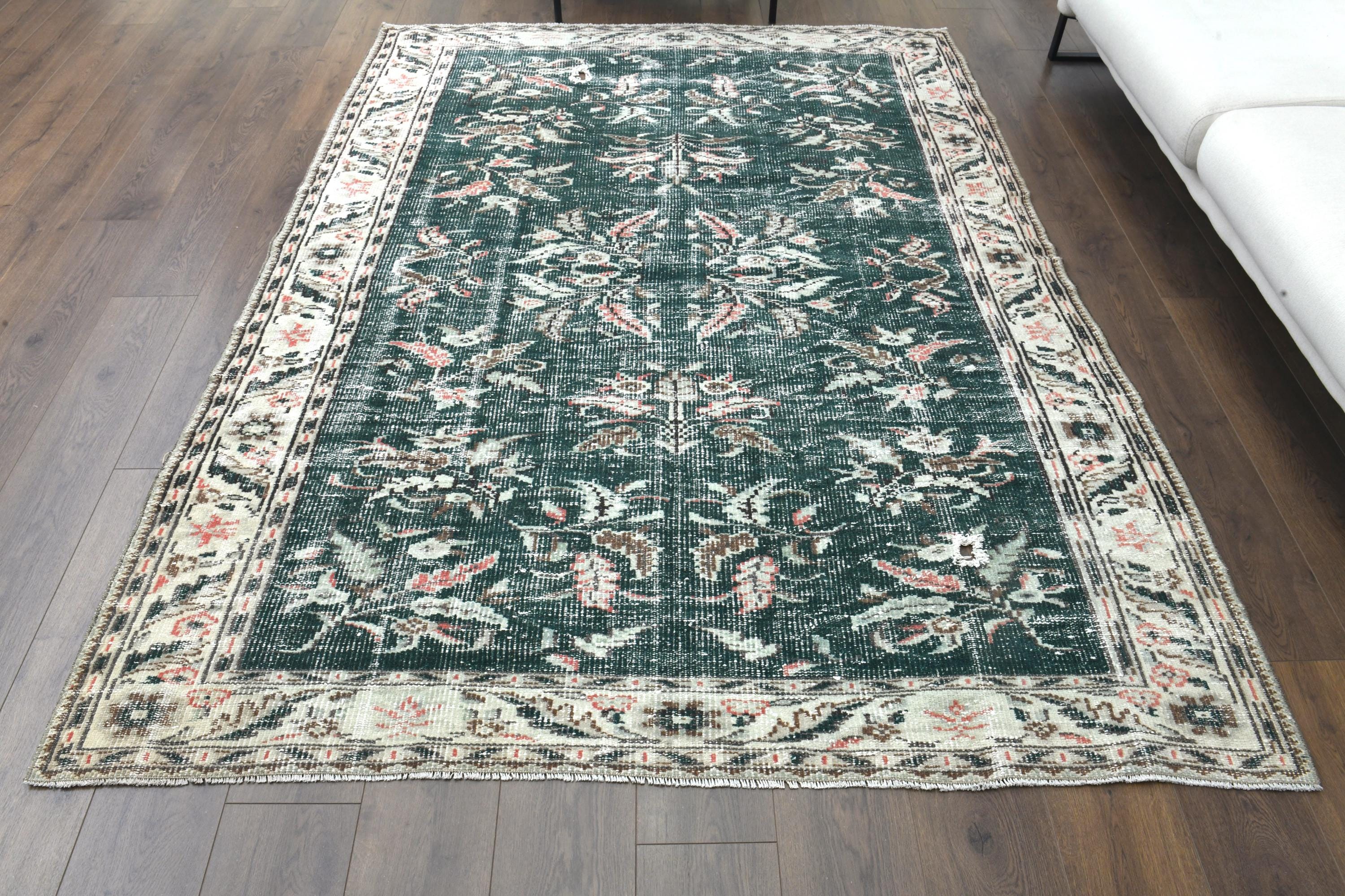 6x8 Turkish Vintage Rug, Oushak Rug, Handmade Wool Rug, Green
