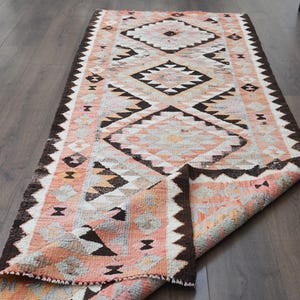 3.1x9 ft, MINIMALIST TURKISH KILIM Runner, Vintage Runner, Antique Rug, Shabby Chic Decor, Geometric, Pink Rug, Washable, Hallway Stair Rug