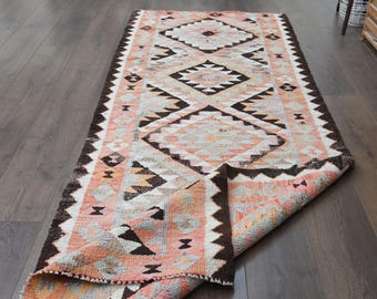 3.1x9 ft, MINIMALIST TURKISH KILIM Runner, Vintage Runner, Antique Rug, Shabby Chic Decor, Geometric, Pink Rug, Washable, Hallway Stair Rug