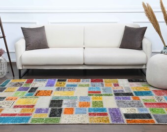 5x8 PATCHWORK Turkish Vintage Rug, Oushak Rug, Handmade Wool Rug, Colorful Custom Rugs, Farmhouse Decor, One-of-a-Kind, Anatolian Carpet