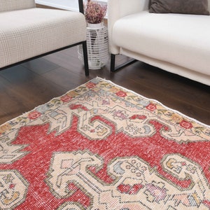 4x7 Turkish Vintage Rug, Oushak Handmade Wool Carpet, Red Small Room Area Rugs Farmhouse Decor, One-of-a-Kind, Anatolia, Folk Art