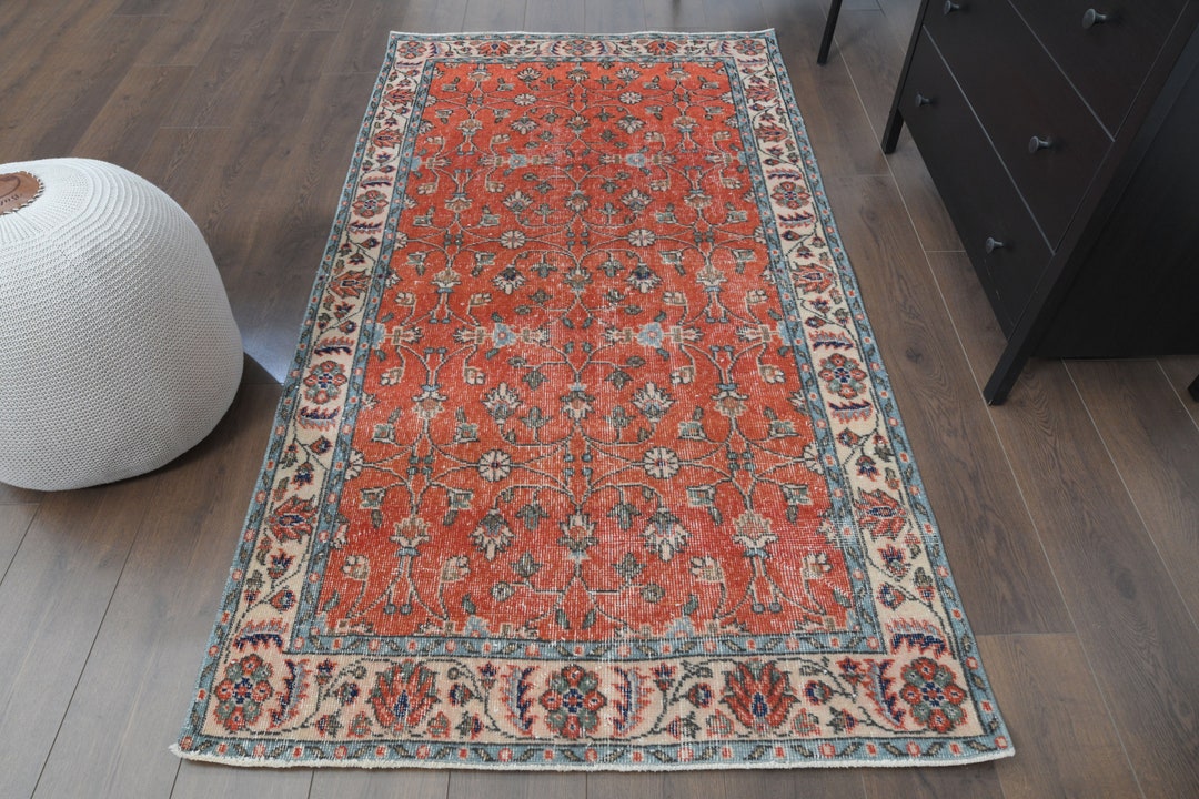 4x7 Red Turkish Vintage Rug Handmade Floral Red Oushak Rug Etsy
