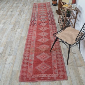 3x13 ROTER Vintage türkischer Oushak Läufer, Handgeknüpfter Wollteppich, Flurteppich, Unikat, Anatolisch, Boho Dekor, Shabby Chic