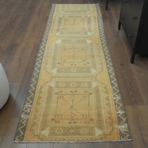 3x9 Vintage RUNNER, Turkish Oushak Runner, Handmade Wool Rug, Neutral Hallway Rugs, Rustic Boho Farmhouse Decor, One-of-a-Kind, Anatolian