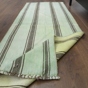 2x6 Turkish Vintage Runner, Oushak Handmade Wool Rug, Striped Green Kilim Rugs, Farmhouse Decor, One-of-a-Kind, Folk Art, Made in Anatolia