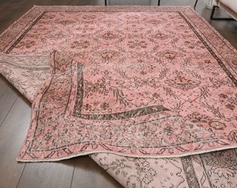 6'5x9'5 ft, VINTAGE TURKISH RUG, Handmade Wool Floral Rug, Antique Rug, Boho Decor, Living Room Rug, Home Decor, Pink Brown Rug, 7x10 Rug