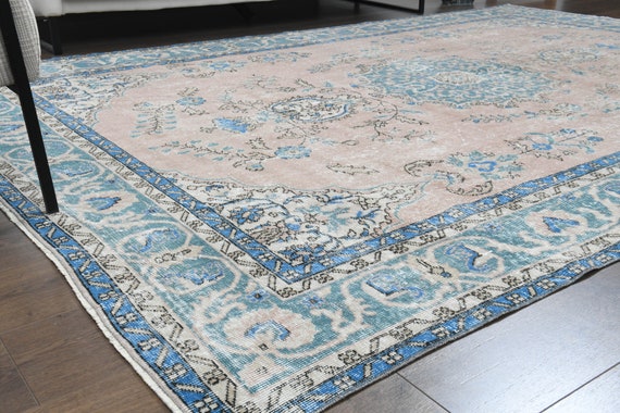 7x10'4 Ft, PINK BLUE RUG, Vintage Turkish Oushak Rug, 7x10 Area