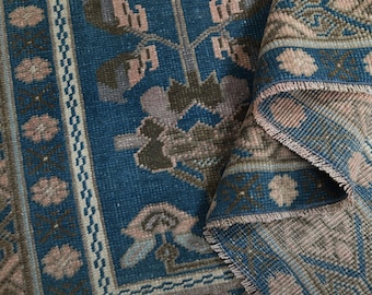 5x10 Antique Turkish Rug, Oushak Rug, Handmade Wool Carpet, Oriental Rug, Area Rugs, Farmhouse Decor, Peach and Teal Blue Large Area Rug