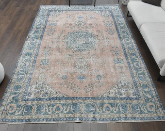 7x10'4 Ft, PINK BLUE RUG, Vintage Turkish Oushak Rug, 7x10