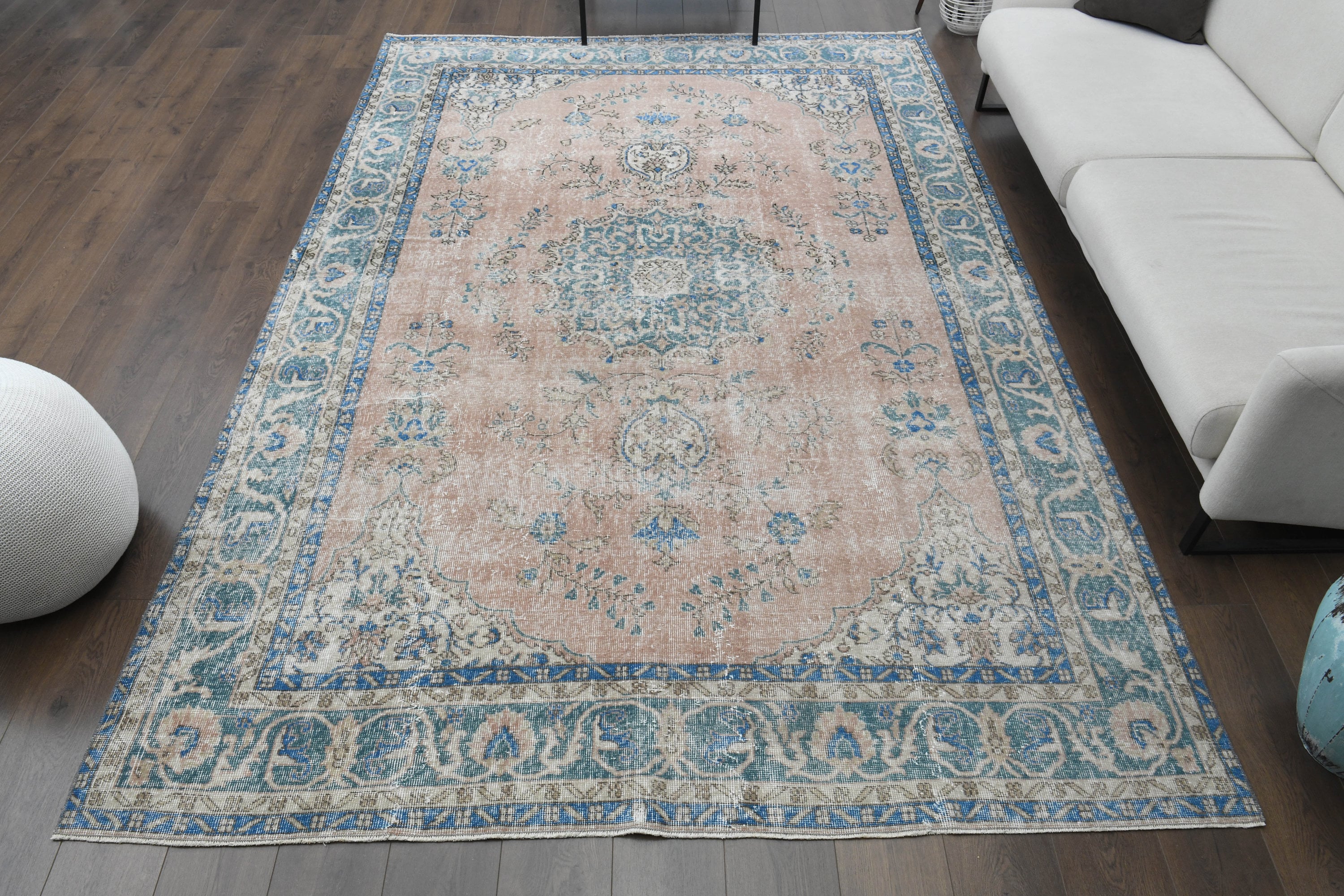 7x10'4 Ft, PINK BLUE RUG, Vintage Turkish Oushak Rug, 7x10