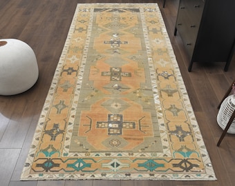 5x11 Vintage Turkish Oushak Runner, Handmade Wool Rugs, Kitchen Hallway Rug, Orange Rustic Carpet, Boho Decor, One-of-a-Kind, Anatolian Rug