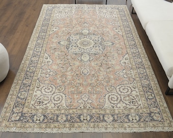 6x9 Turkish Vintage Carpet, Faded Orange Carpet, Oushak Handmade