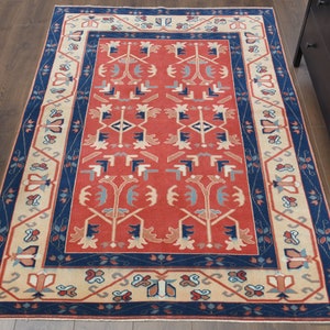 4x6 Turkish Vintage Rug, Oushak Rug, Handmade Wool Carpet, Red Small Room Area Rugs Farmhouse Decor, One-of-a-Kind, Anatolia, Folk Art