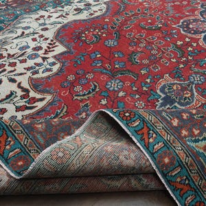 10x13 Oversized Vintage Area Rug, Turkish Rug, Red White, Large Rug, 10x13 Oversize Oriental Rug, Handmade Wool Rug, Bohemian Rug, Handwoven