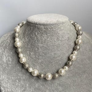 Unsigned Faux Pearl, Diamanté and Silver Tone Bead Necklace