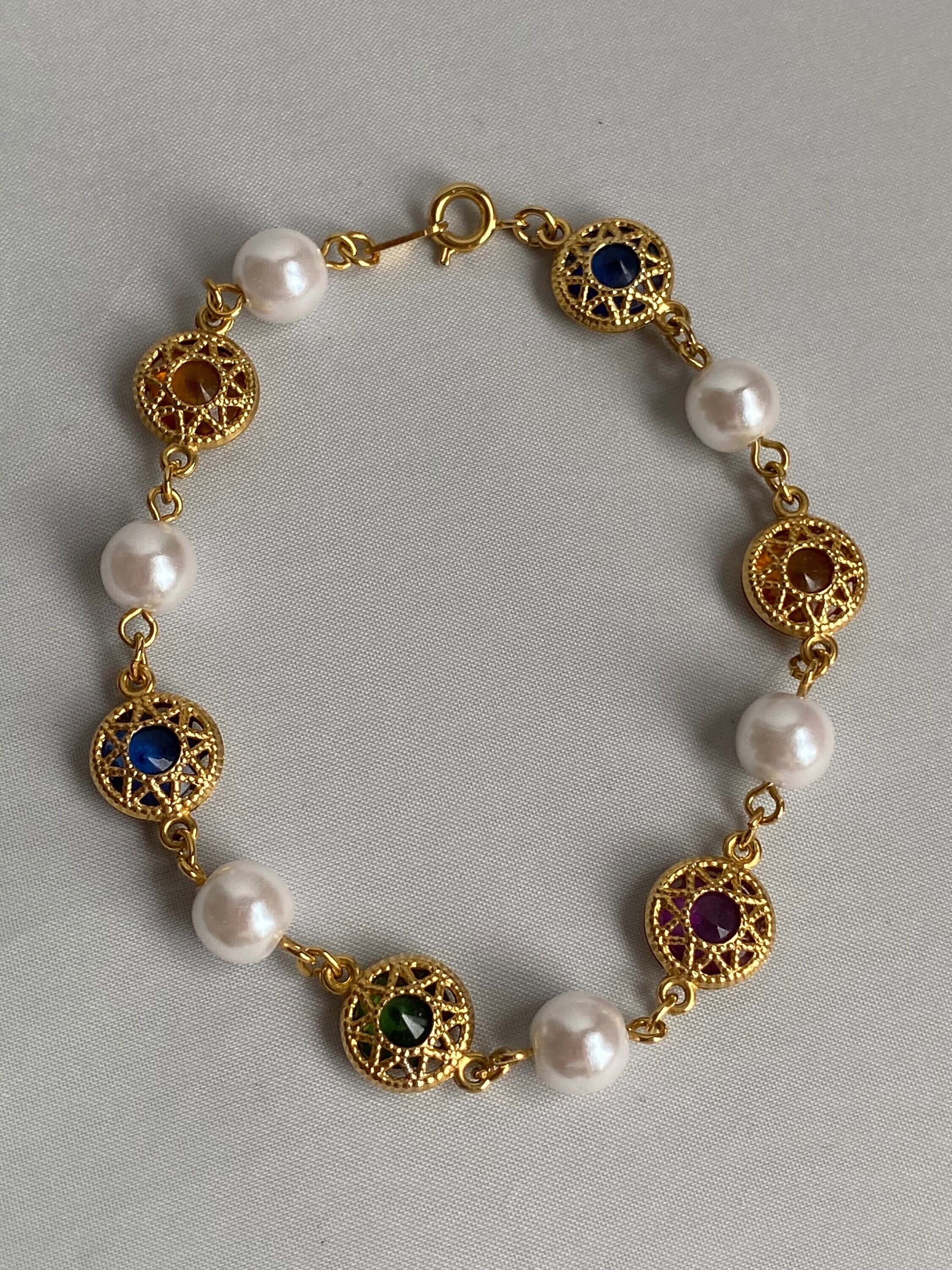 PL 18K Marked Gold Tone, Coloured Gem & Faux Pearl Design