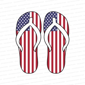 May include: A pair of red, white, and blue flip-flops with an American flag design.
