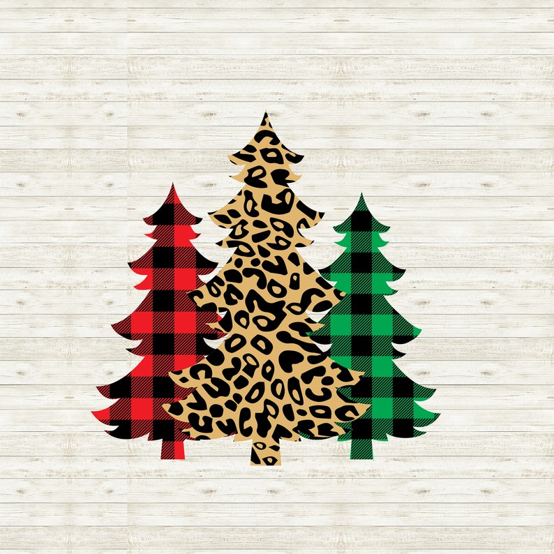 May include: Three Christmas trees with different patterns. The center tree is brown with a leopard print pattern. The tree on the left is red and black plaid. The tree on the right is green and black plaid.