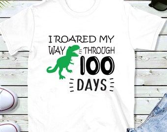 Eu rugi durante 100 dias Svg | Dinossauro T-Rex | 100 dias de escola SVG | Design de camisa escolar, silhueta | Arquivos de corte Cricut