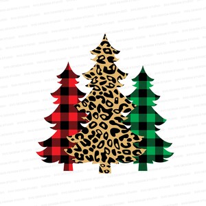 May include: Three Christmas trees with different patterns. The tree on the left is red and black buffalo plaid, the middle tree is brown and black leopard print, and the tree on the right is green and black buffalo plaid.