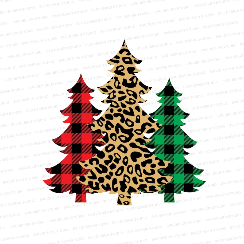 May include: Three Christmas trees with different patterns. The tree on the left is red and black buffalo plaid, the middle tree is brown and black leopard print, and the tree on the right is green and black buffalo plaid.