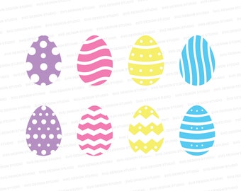 May include: Six Easter egg designs in various colors and patterns. The eggs are purple with white polka dots, pink with white wavy lines, yellow with white stripes, blue with white stripes, pink with white zigzags, and yellow with white zigzags.