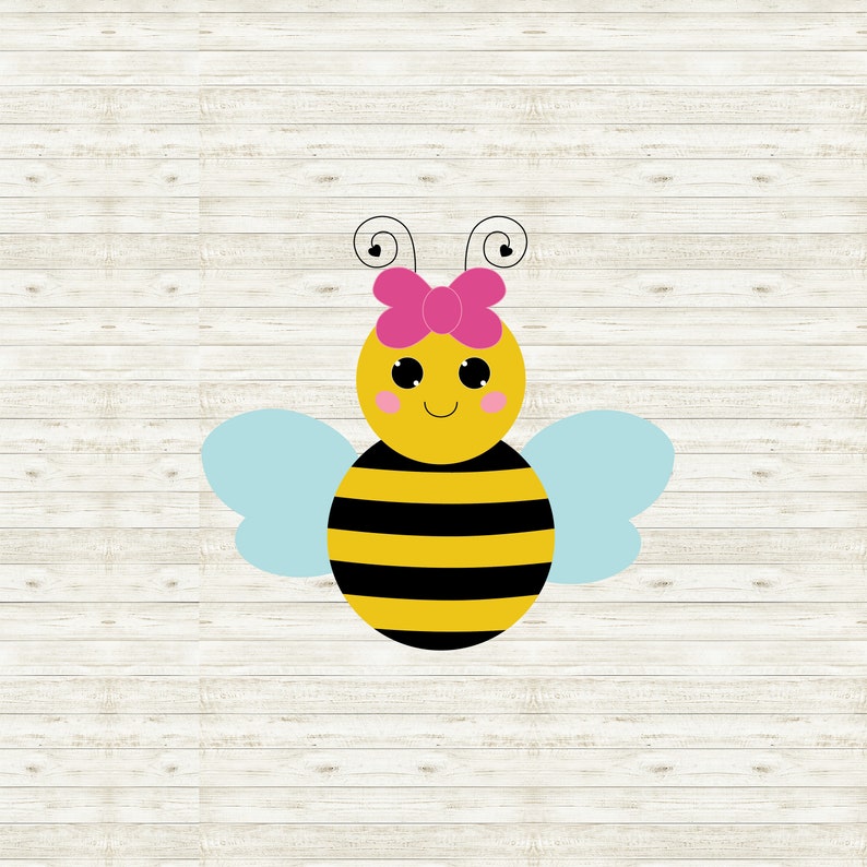Puede incluir: Una abeja de dibujos animados con rayas negras y amarillas, que lleva un lazo rosa, con alas azules. La abeja tiene una cara sonriente con ojos grandes.