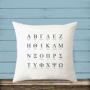 Pu&ograve; includere: Cuscino bianco con lettere dell'alfabeto greco nere e i loro nomi inglesi stampati su di esso. Le lettere sono disposte in righe, a partire da Alfa, Beta, Gamma, Delta, Epsilon, Zeta, Eta, Theta, Iota, Kappa, Lambda, Mu, Nu, Xi, Omicron, Pi, Rho, Sigma, Tau, Upsilon, Phi, Chi, Psi e Omega.