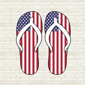 May include: A pair of red, white, and blue flip-flops with the American flag design.