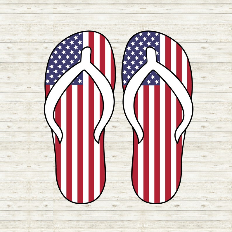 May include: A pair of red, white, and blue flip-flops with the American flag design.
