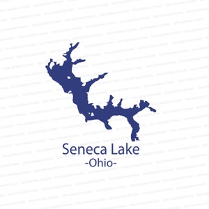 Może przedstawiać: Niebieski zarys jeziora Seneca w Ohio. Jezioro ma kształt długiego, wąskiego S.