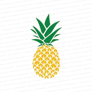 May include: A yellow pineapple with a green leafy top. The pineapple is a tropical fruit with a sweet and tangy flavor.