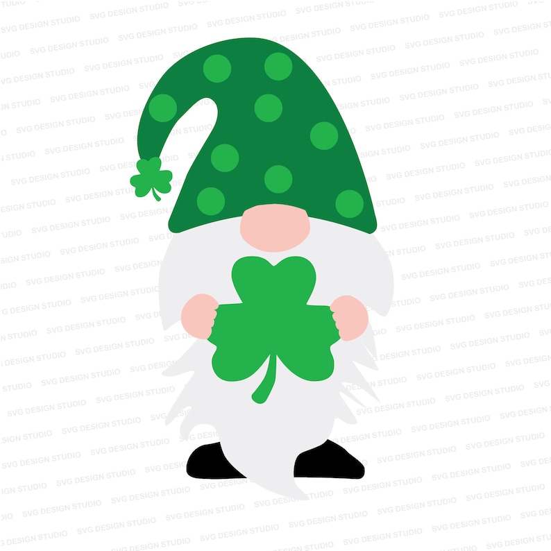 May include: A green gnome with a white beard and a green shamrock in its hands. The gnome is wearing a green hat with white polka dots.