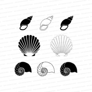 May include: A set of nine black and white illustrations of seashells. The illustrations include a conch shell, a scallop shell, and a nautilus shell.