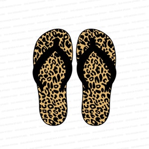 May include: A pair of black flip-flops with a leopard print design. The flip-flops are brown and black with a tan background.