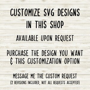Puede incluir: Texto sobre un fondo de veta de madera que explica c&oacute;mo personalizar los dise&ntilde;os SVG en la tienda. El texto dice: "Personalizar dise&ntilde;os SVG en esta tienda. Disponible a pedido. Compra el dise&ntilde;o que deseas & esta opci&oacute;n de personalizaci&oacute;n. Env&iacute;ame la solicitud personalizada (2 revisiones incluidas, no se aceptan todas las solicitudes)"
