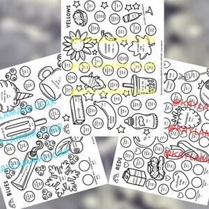 May include: A collection of three black and white marker swatch charts featuring various illustrations like a sunflower, banana, milk tea, snowflake, and fruit punch. Each chart contains circular spaces for color testing with labels.