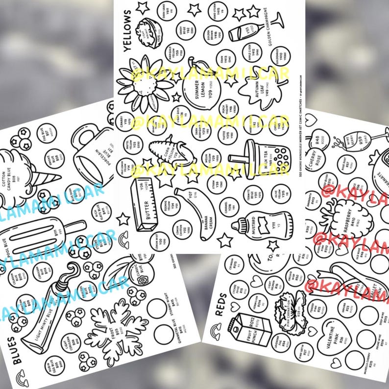 May include: A collection of three black and white marker swatch charts featuring various illustrations like a sunflower, banana, milk tea, snowflake, and fruit punch. Each chart contains circular spaces for color testing with labels.
