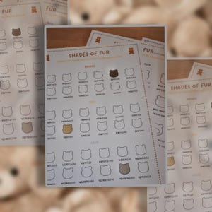 May include: A white paper character color swatch sheet titled SHADES OF FUR with rows of bear head outlines categorized as BROWNS, TANS, and GREYS. Each outline contains alphanumeric color codes, with select bear heads filled in solid colors.