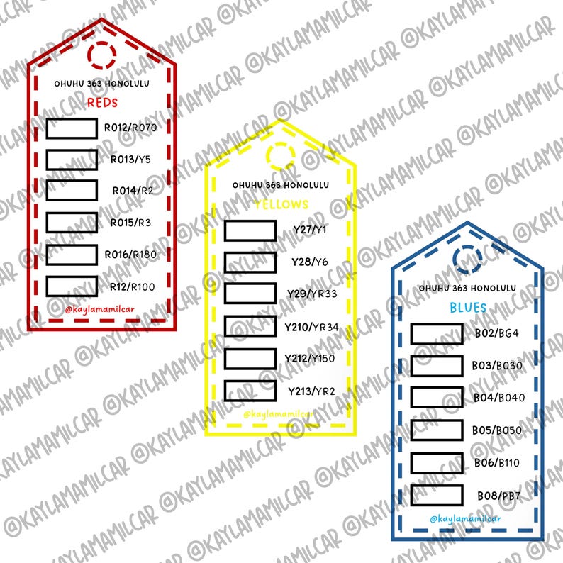 Puede incluir: Muestras de color para marcadores Ohuhu 363 Honolulu, con rojos, amarillos y azules. Cada muestra muestra c&oacute;digos de color y una serie de muestras de color rectangulares. La imagen incluye el texto "@kaylamamilcar".