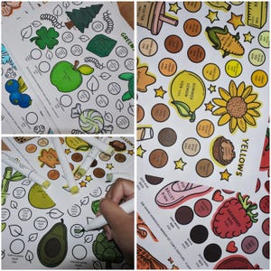 May include: A collection of marker color swatch sheets featuring printed illustrations of fruits, flowers, and nature elements alongside circular color test spots. The sheets include text labels like Greens, Yellows, and Ohuhu Honolulu Marker Set.