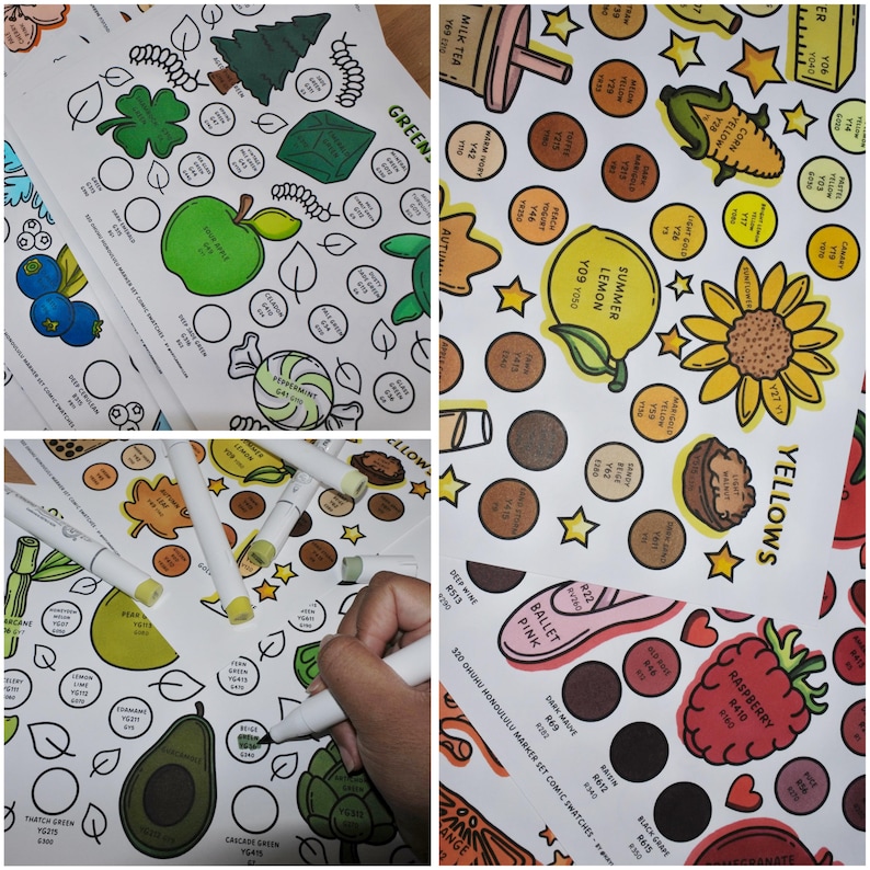 May include: A collection of marker color swatch sheets featuring printed illustrations of fruits, flowers, and nature elements alongside circular color test spots. The sheets include text labels like Greens, Yellows, and Ohuhu Honolulu Marker Set.